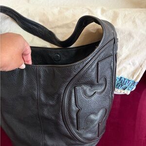 Tory Burch Dark Brown Pebbled Leather Hobo Bag